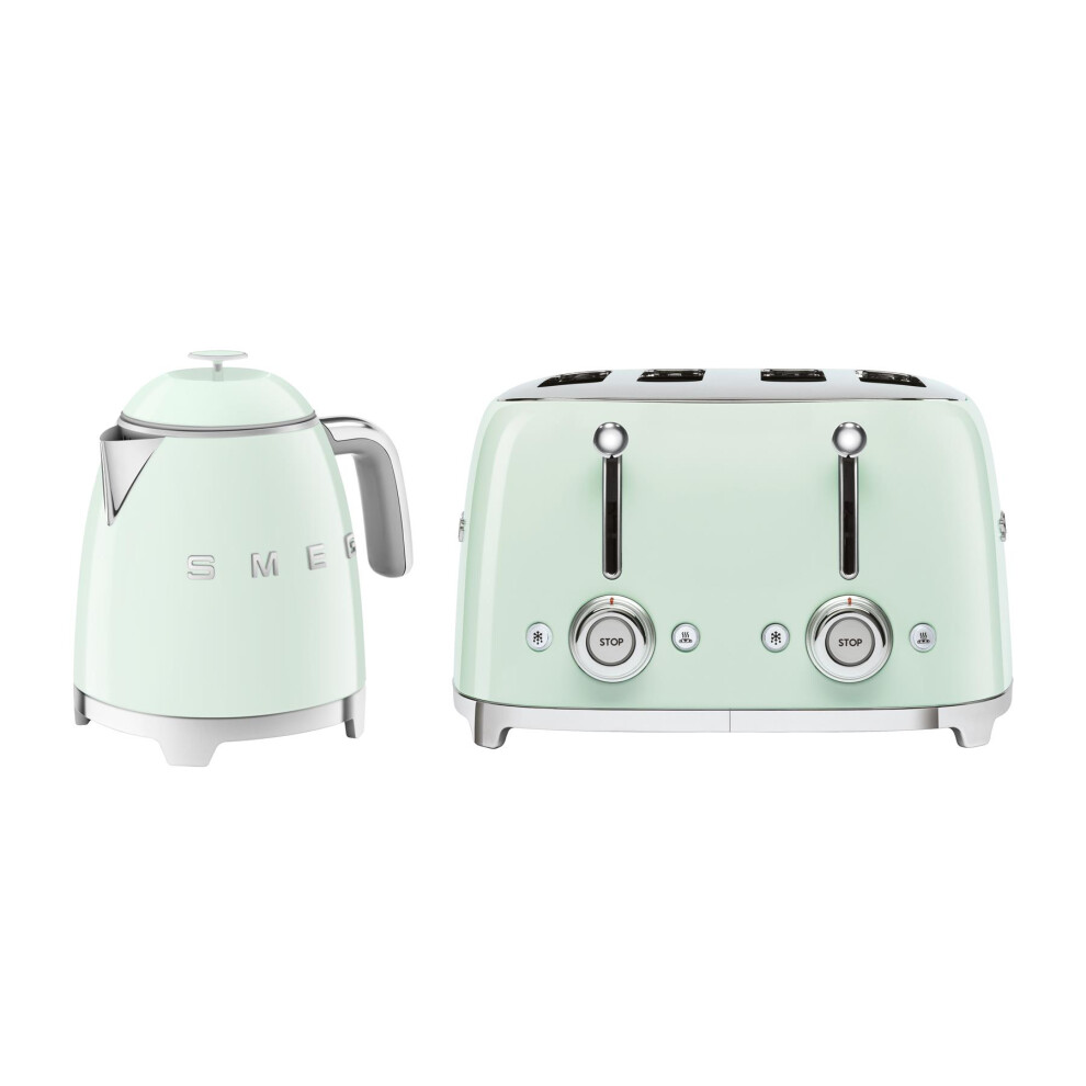 Smeg 50's Style Retro Range Breakfast Set, 0.8L 1400W Mini Kettle and Multi-Functional Control 4-Slice 2000W Toaster, Pastel Green