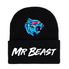 (A) Adult Kids Mr Beast Lightning Cat Printing Knitted Cuffed Beanie Hat Winter Warm Ski Cap Gifts
