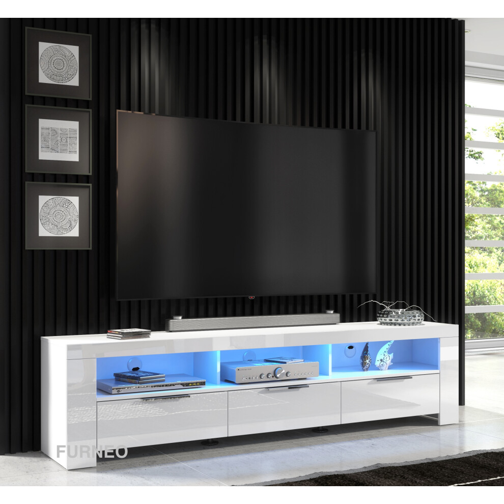 (Blue LED Lights ) Furneo 200cm White Long TV Stand Unit Cabinet Matt & High Gloss LED Lights Phantom 10