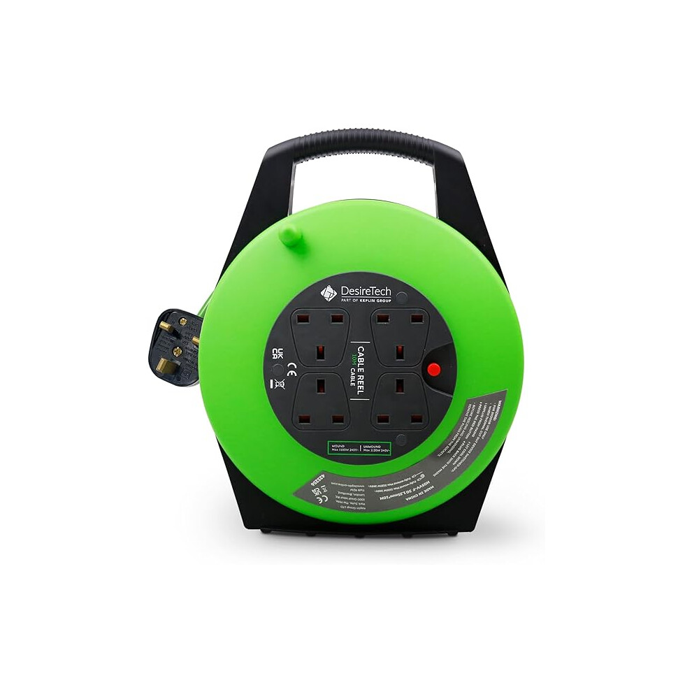 Desiretech Portable Cable Reel 4 Sockets Heavy Duty Green Black 10M