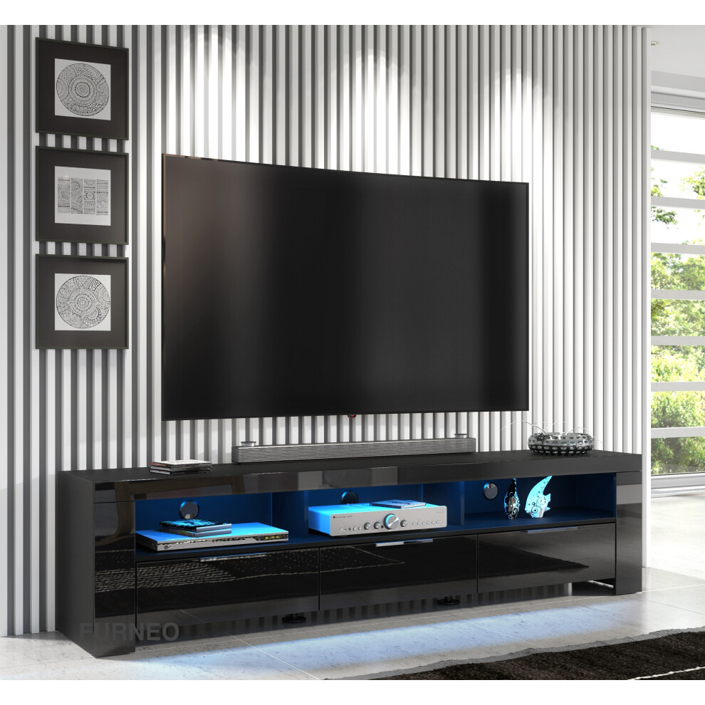 (Blue LED Lights ) Furneo 200cm Black Long TV Stand Unit Cabinet Matt & High Gloss LED Lights Phantom 10