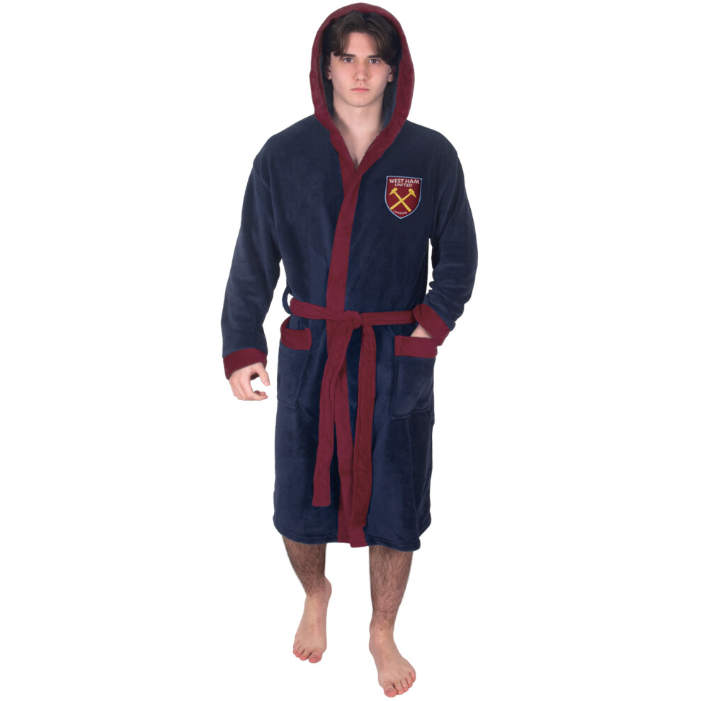 (Navy Blue, Large) West Ham United Mens Dressing Gown Robe Hooded Fleece OFFICIAL Football Gift