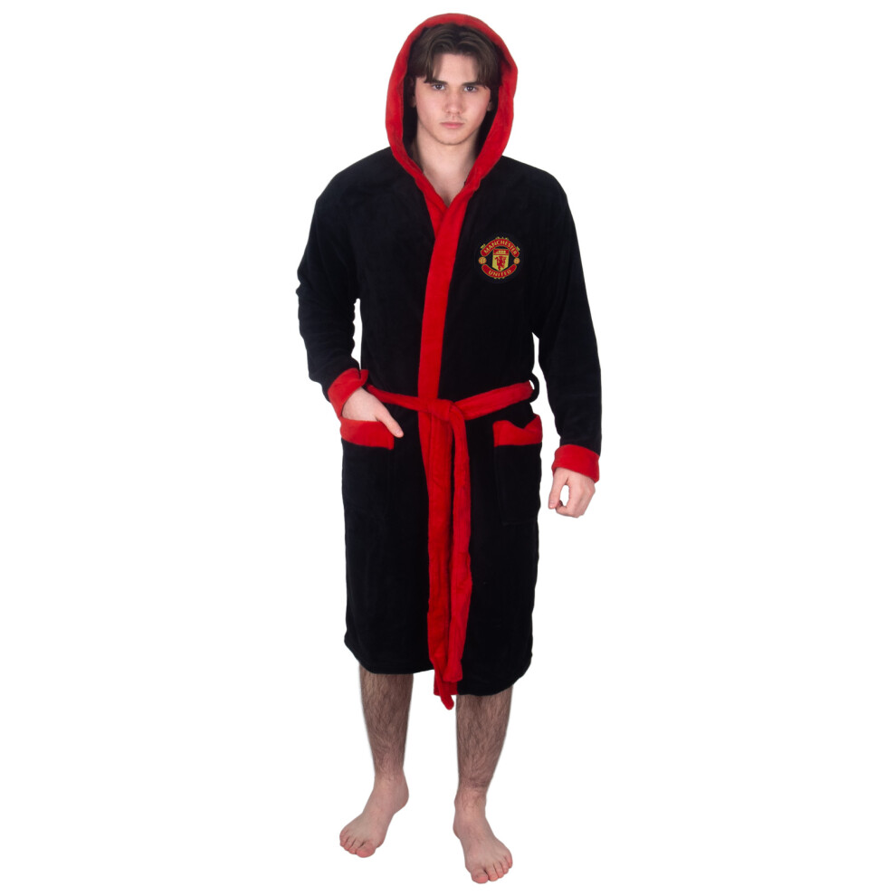 (Black, 3XL) Manchester United Mens Dressing Gown Robe Hooded Fleece OFFICIAL Football Gift