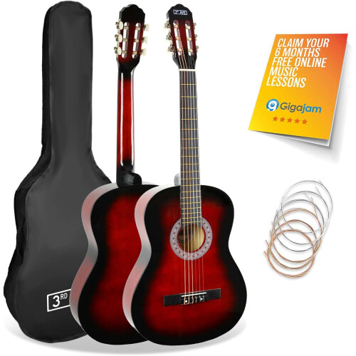 3rd Avenue 3/4 Size Kids Classical Guitar Spanish Nylon String Beginner Pack Bundle -Bag, Strings Red