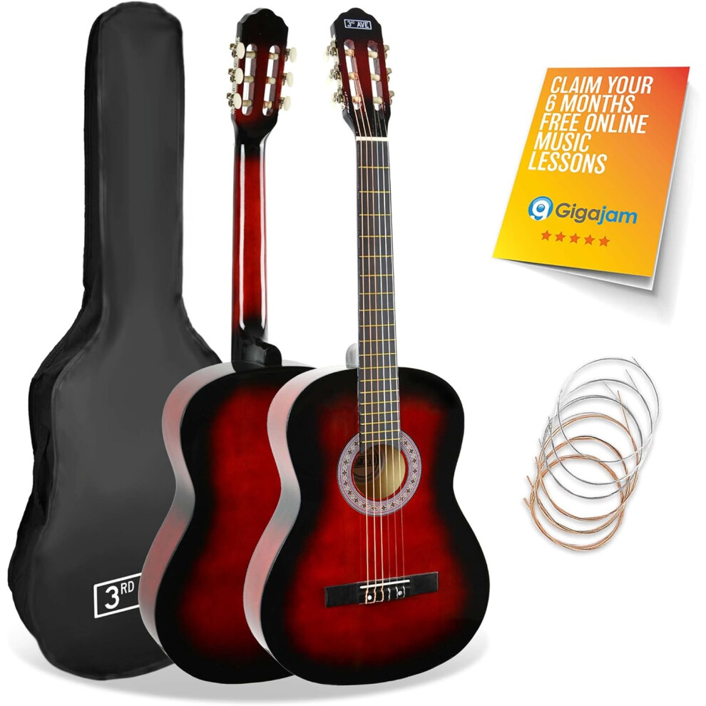 3rd Avenue 3/4 Size Kids Classical Guitar Spanish Nylon String Beginner Pack Bundle -Bag, Strings Red