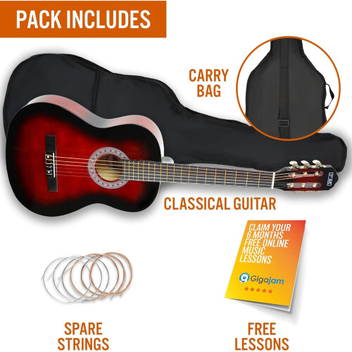 3rd Avenue 3/4 Size Kids Classical Guitar Spanish Nylon String Beginner Pack Bundle -Bag, Strings Red 1