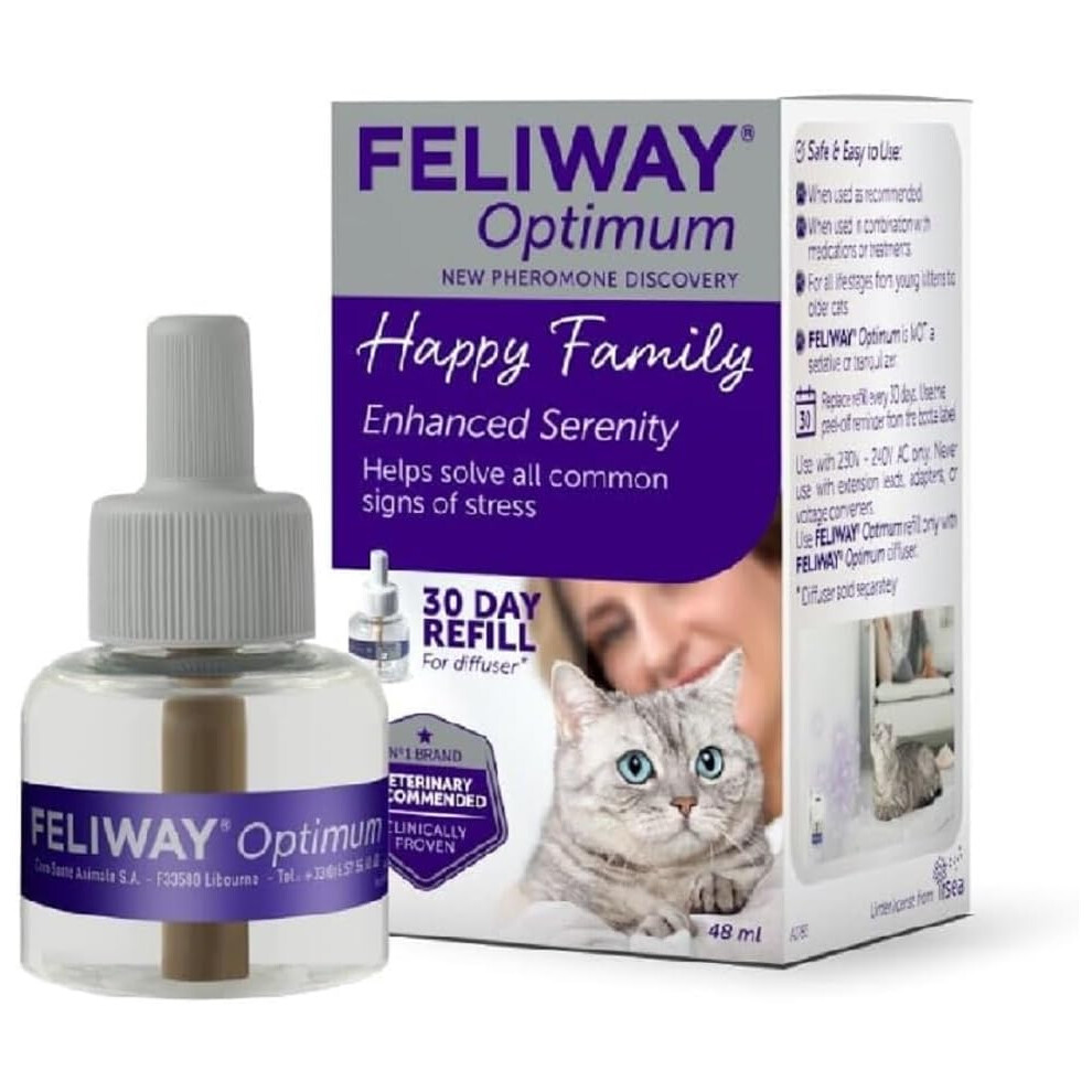 Feliway Optimum 30 Day Refill | 48ml Feliway Optimum Refill For Plug In Anxiety Relief Pheromone Diffuser For Cat