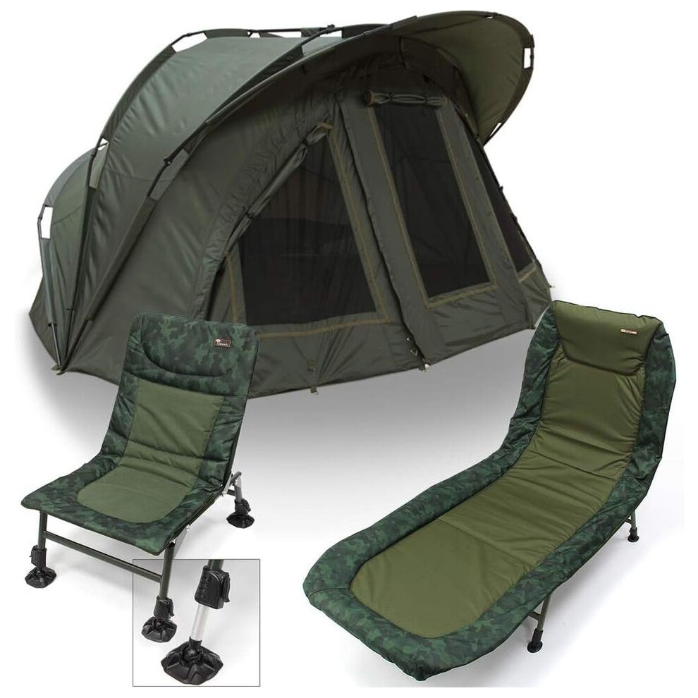 NGT XL 2 Man Fortress Hood Bivvy Carp Fishing Super Size with Camo Bedchair and Chair