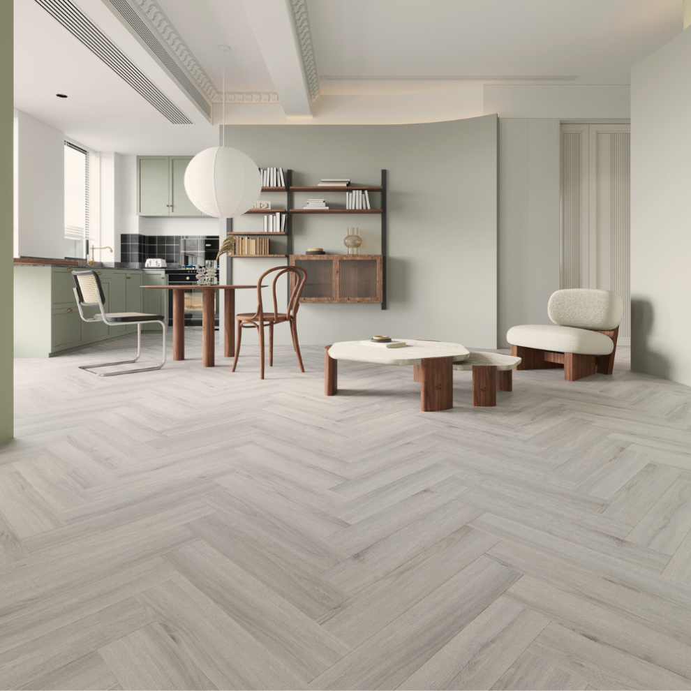 Herringbone Style Spc Click Plank Flooring Underlay Attached - Oxford Light Grey 5056524047552