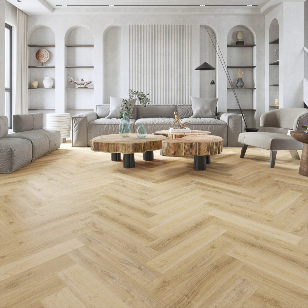 Herringbone Style Spc Click Plank Flooring Underlay Attached - Light Barley Oak 5056524047569