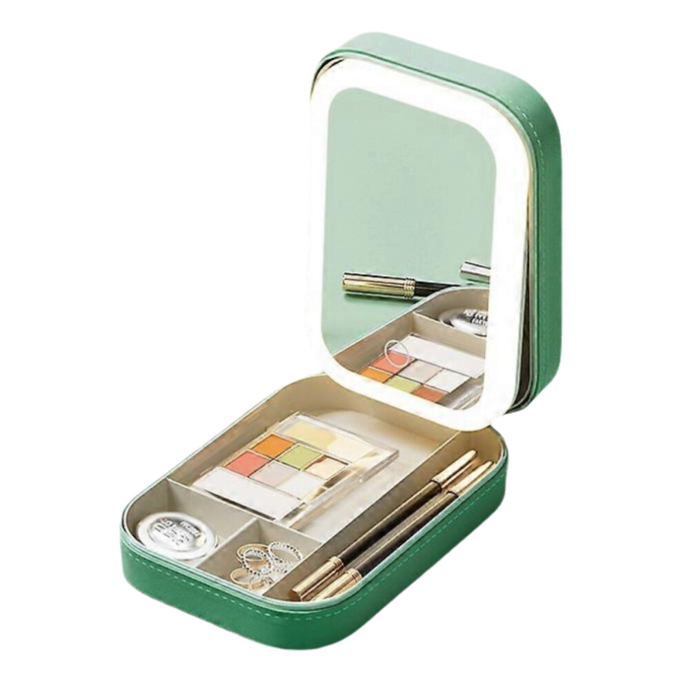 (Green) Makeup Storage Box With Led Light Mirror Portable Travel Makeup Cosmetics Jewelry Storage Box Touch Light Storage Organizer