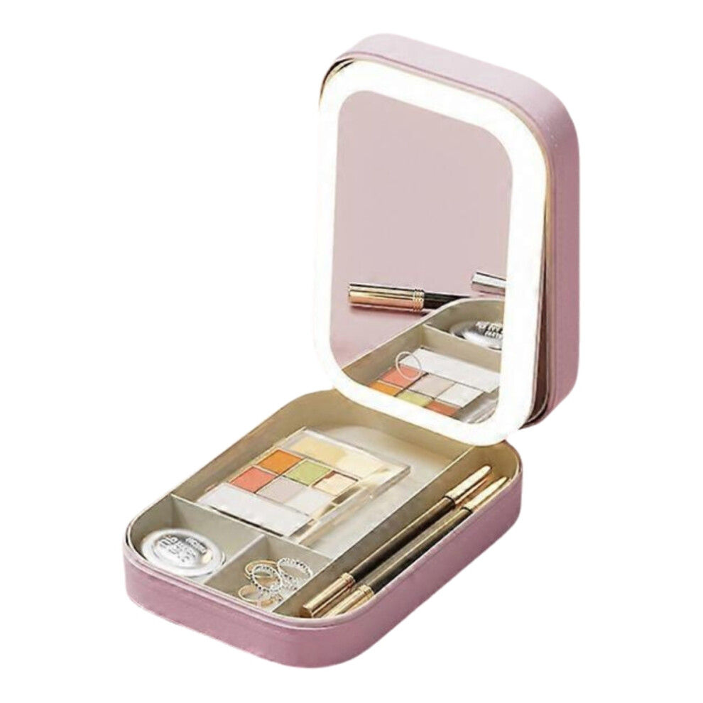 (Pink) Makeup Storage Box With Led Light Mirror Portable Travel Makeup Cosmetics Jewelry Storage Box Touch Light Storage Organizer
