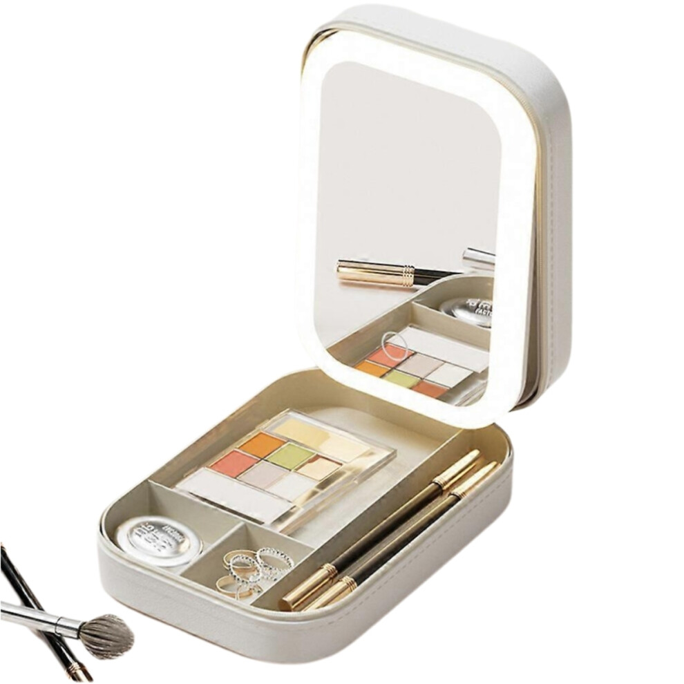 (White) Makeup Storage Box With Led Light Mirror Portable Travel Makeup Cosmetics Jewelry Storage Box Touch Light Storage Organizer