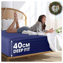 (Super King) Extra Deep Blue Fitted Sheets 40cm Stripe Bed Sheet.