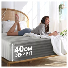 (King Fitted Bed Sheet) Microfiber Fitted Sheet Grey Stripe 40CM Bedsheet
