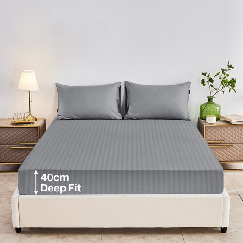 (King Fitted Bed Sheet) Microfiber Fitted Sheet Grey Stripe 40CM Bedsheet 2