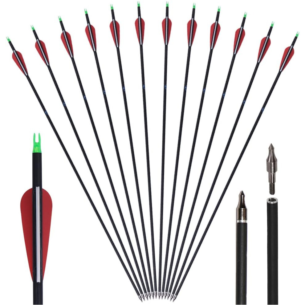 Huntingdoor 12Pcs 30 inch Archery Carbon Arrows Spine 550 Hunting Targeting Arrows Replaceable Broadhead for Recurve Bow Compound Bow Target Practice