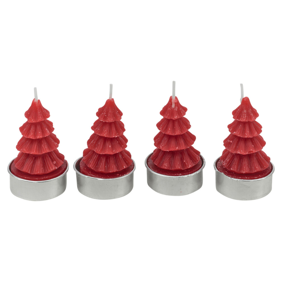 (Set of 4, Red) Christmas Tree Shaped Tea Light Candles Festive Holiday Decor Xmas Tealight Sets