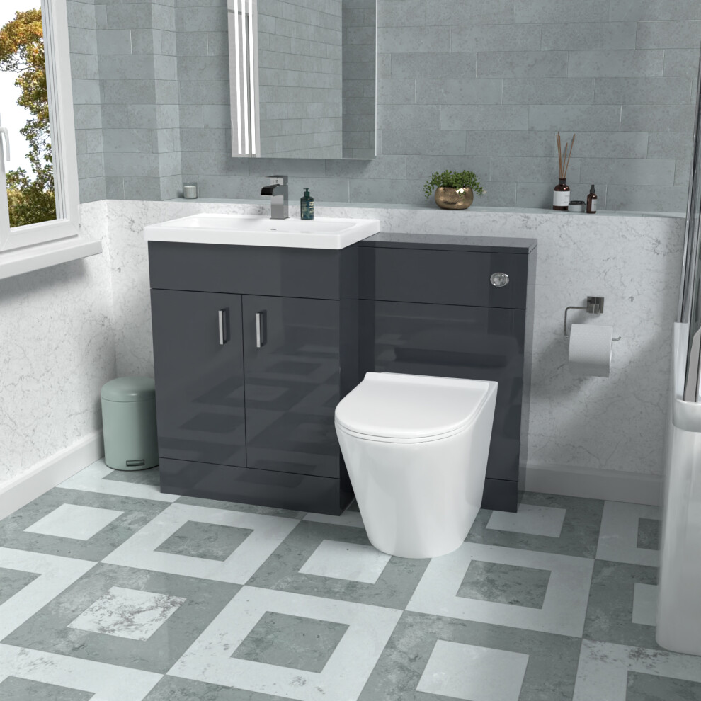 Nes Home 1100mm Dark Grey Vanity Basin Cabinet, WC Unit & Rimless Toilet