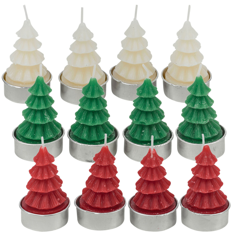 (Set of 12, Mix (4 of each colour)) Christmas Tree Shaped Tea Light Candles Festive Holiday Decor Xmas Tealight Sets
