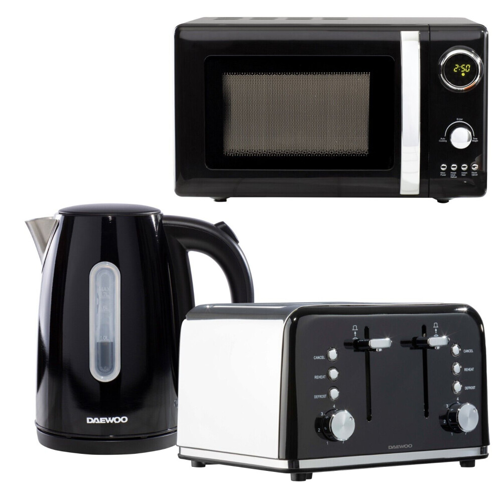 Daewoo Kensington Jug Kettle, 4 Slice Toaster & Microwave Matching Set Black