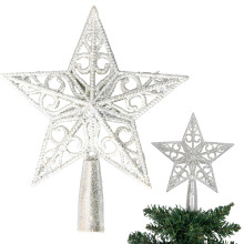 (Silver) Christmas Star Tree Topper Glitter Crown Xmas Tree Ornament 14.5cm