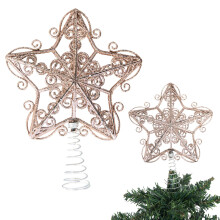 (Rose Gold w/Spring base) Christmas Star Tree Topper Glitter Crown Xmas Tree Ornament 14.5cm