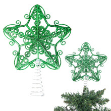 (Green w/Spring base) Christmas Star Tree Topper Glitter Crown Xmas Tree Ornament 14.5cm