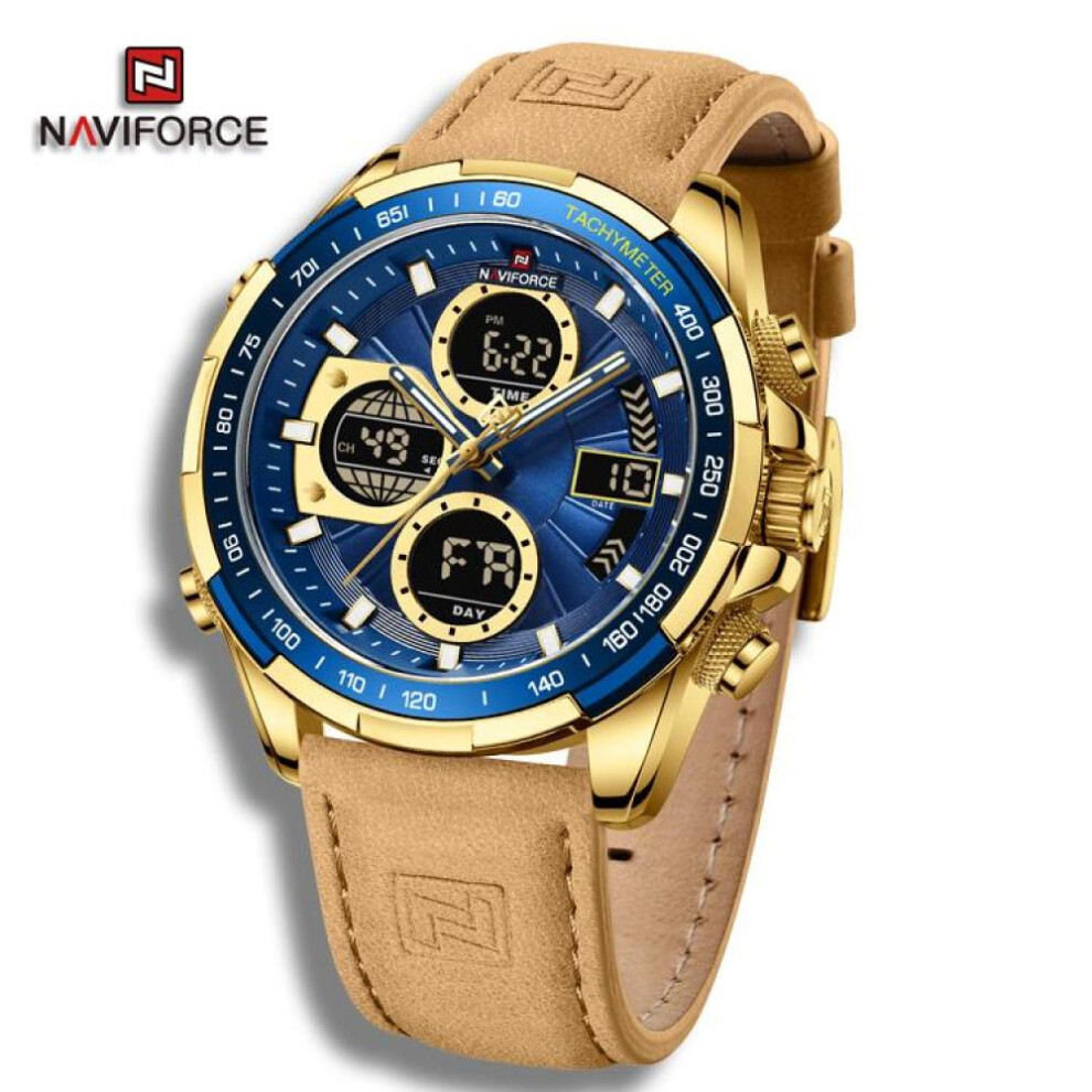(Blue And Yellow, 260mm) Naviforce NF9197L Doul Display Men&apos;s Watches Quartz Waterproof LED Digital Electronic Luxury WristWatch For Gift