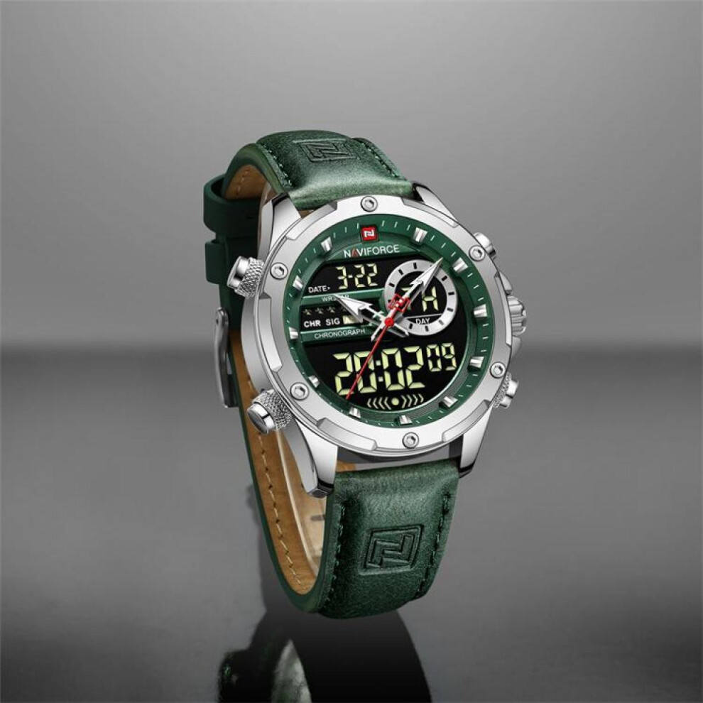 (Silver And Green, 260mm) Naviforce NF9208 Dual Display Quartz Analog LCD Digital Men&apos;s Watch Leather Strap