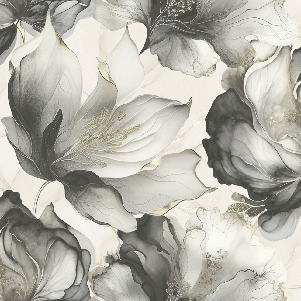 (10m x 0.5m, Black/Gold) Muriva Elysian Floral Wallpaper