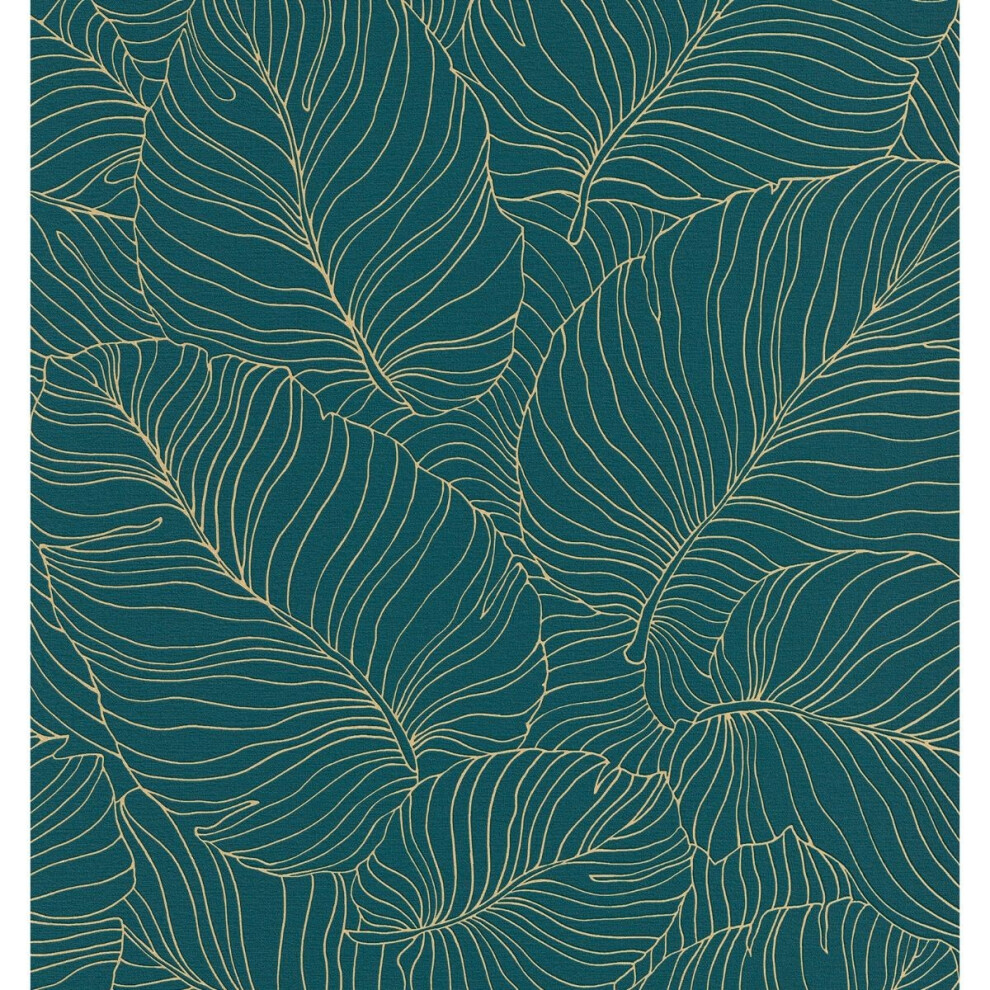 (10.5m x 53cm, Teal/Gold) Grandeco Isa Banana Leaf Textured Wallpaper