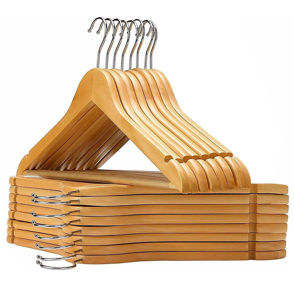 (Quantity) GEEZY Wooden Coat Hangers with Trouser Bar Shoulder Notches for Clothes Garments