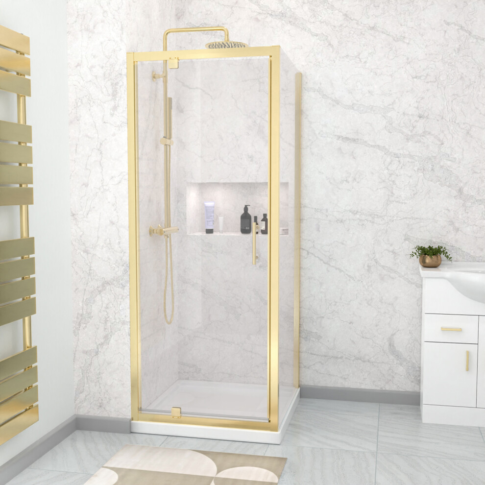 Nes Home Brushed Brass 800 x 800mm Pivot Door Shower Enclosure Panel & Tray Set