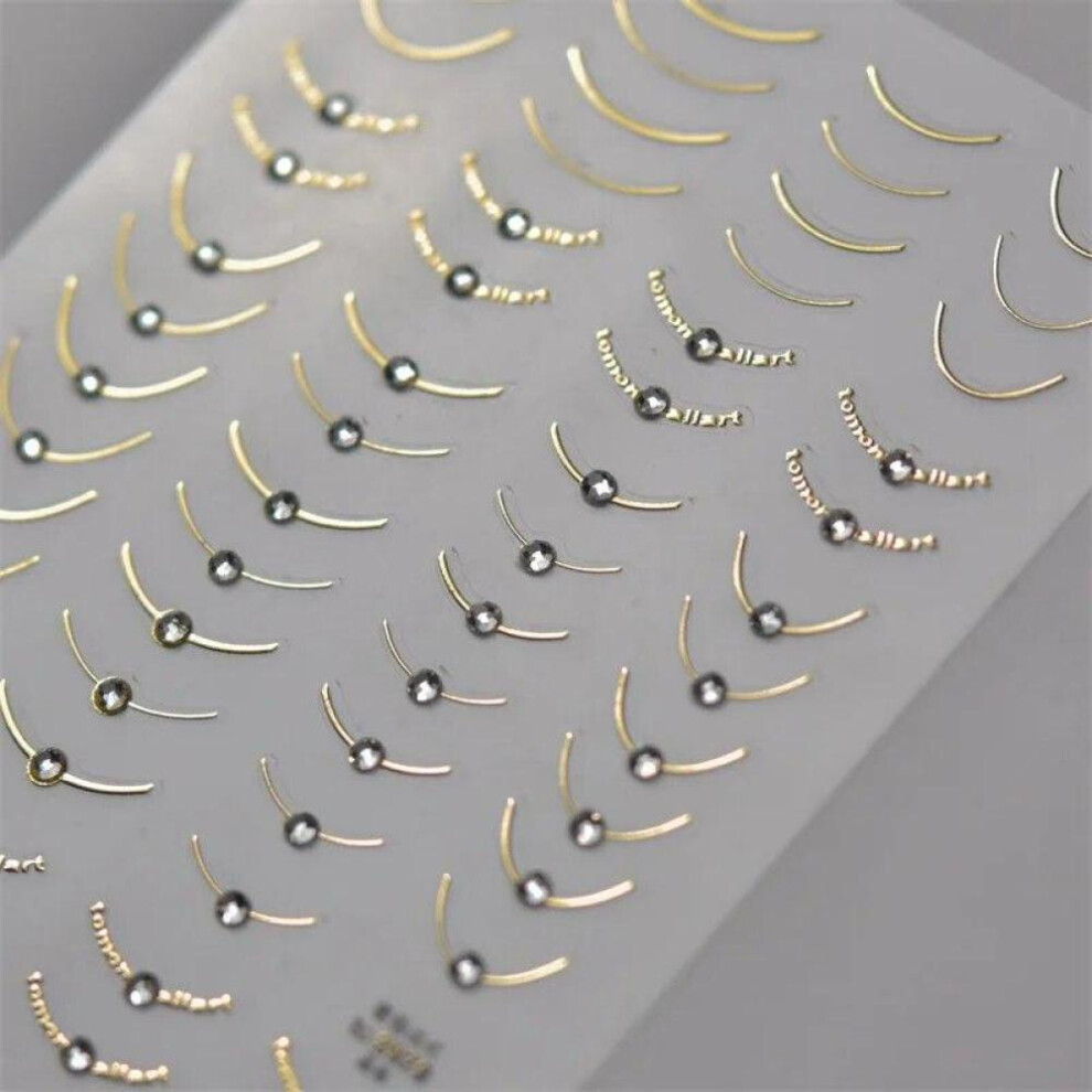 (Gold) 1pcs 5D Rhinestones Japanese Retro Wave Nail Art Stickers Gold Silver Self Adhesive Transfer Nail Decorations Slider Decals DIY