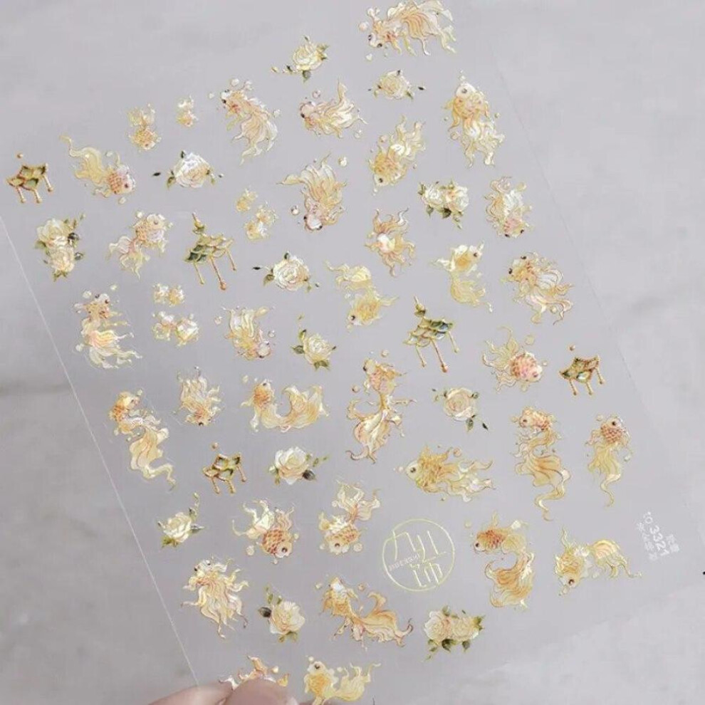 (Yellow) 1Pcs Embossed Glitter Fish Nail Art Stickers Pink Yellow Red Self-adhesive Transfer Nail Decorations Slider Decals DIY