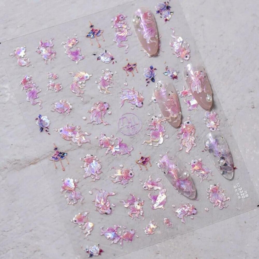 (Pink) 1Pcs Embossed Glitter Fish Nail Art Stickers Pink Yellow Red Self-adhesive Transfer Nail Decorations Slider Decals DIY