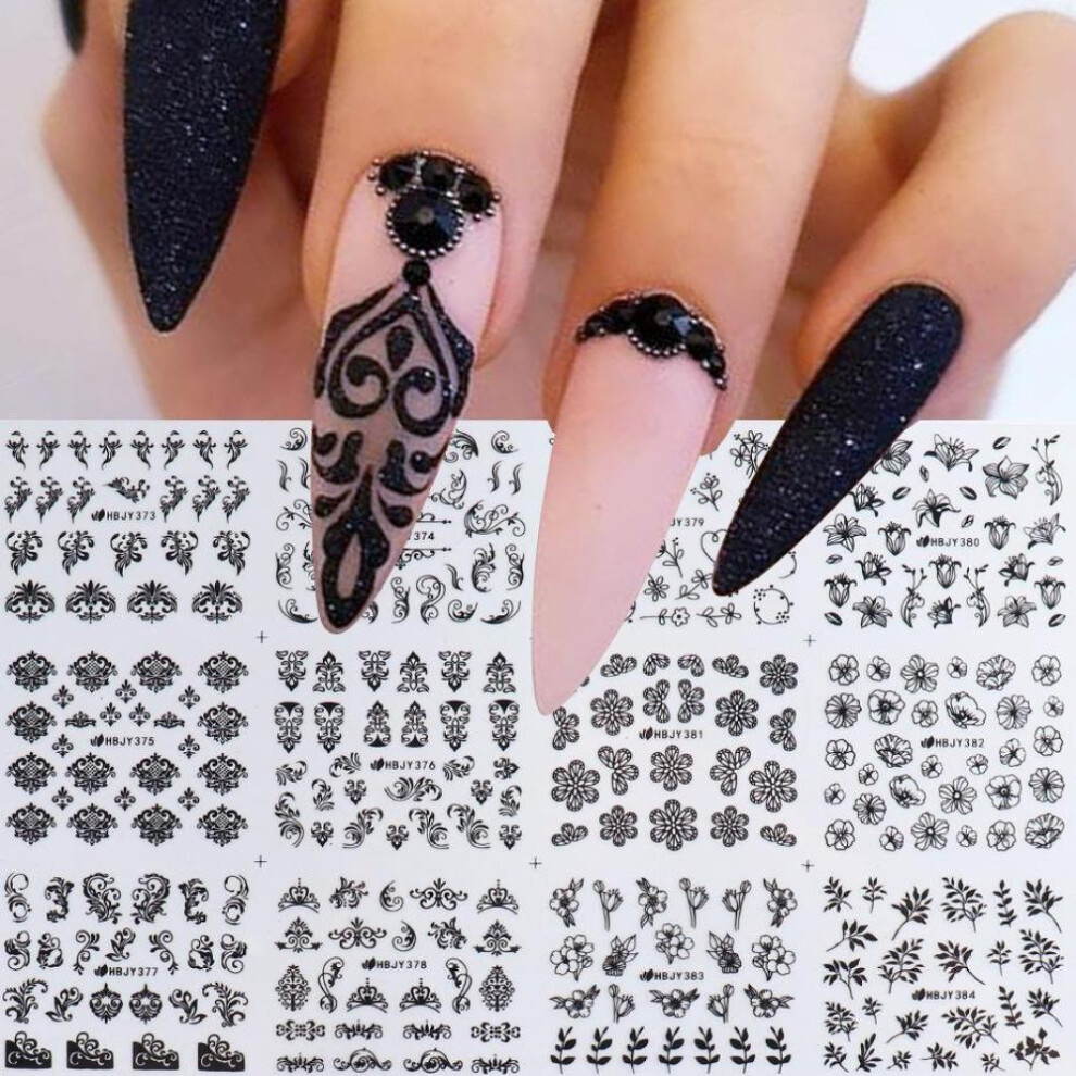 Black Nail Stickers Flower Leaf 3D Sliders Decal Nail Decals DIY Design Manicure Tips
