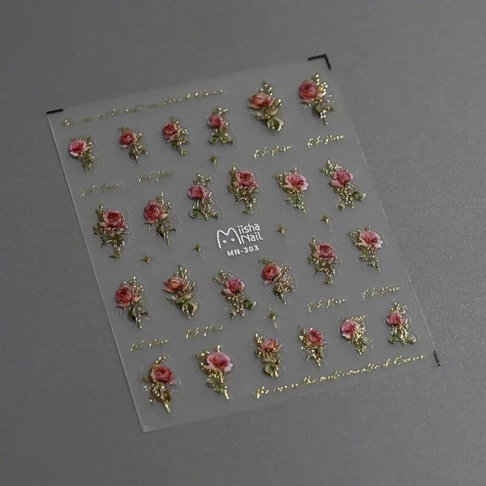 (Pink Gold) Gold Silver Pink Blue Rose Flowers 3D Self Adhesive Nail Art Decorations Stickers Fashion DIY Manicure Decals