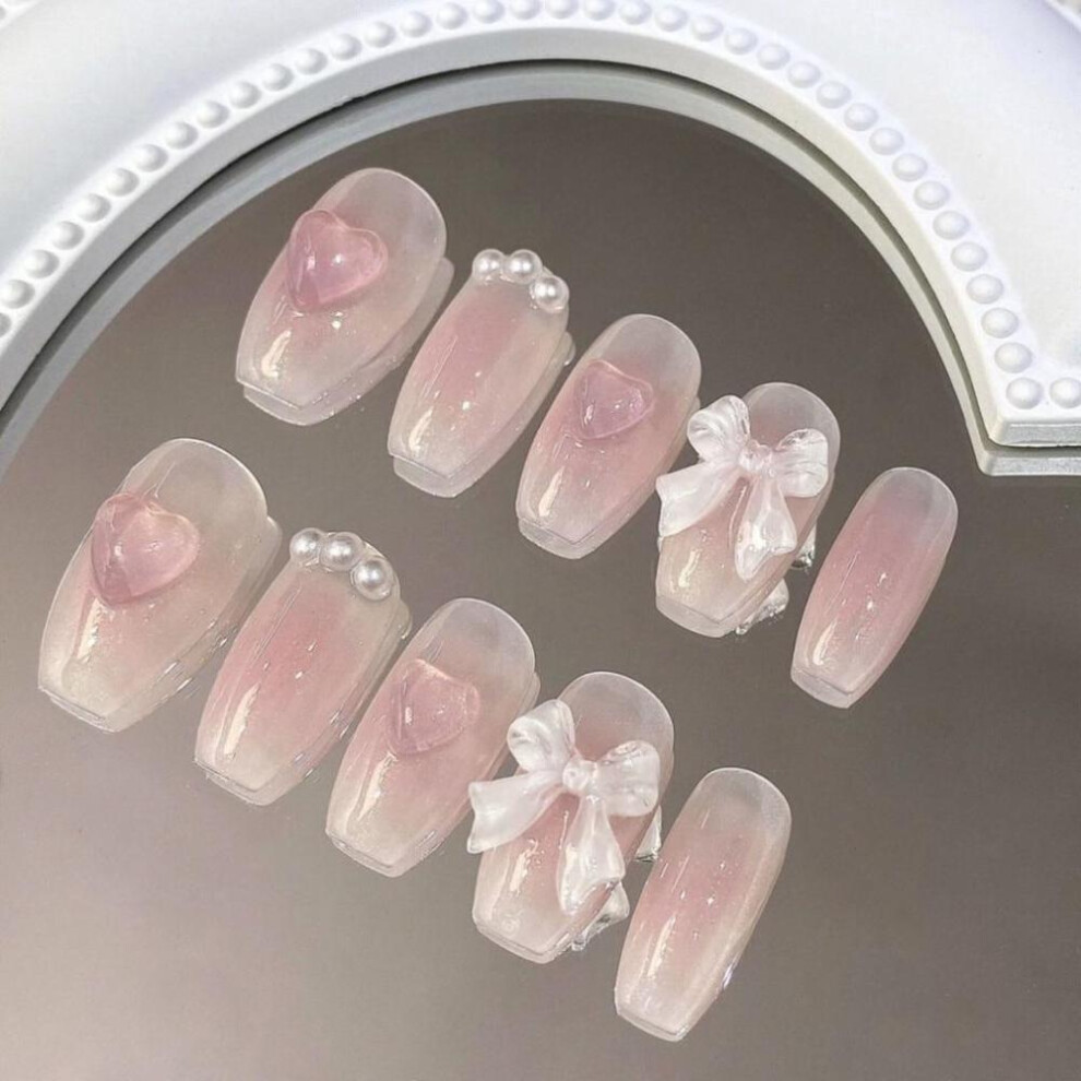 (M) Cute Pink Sweet Removable Handmade Wear Nail Art Girls Short Fake Nails Blush Bowknot Nail Patch