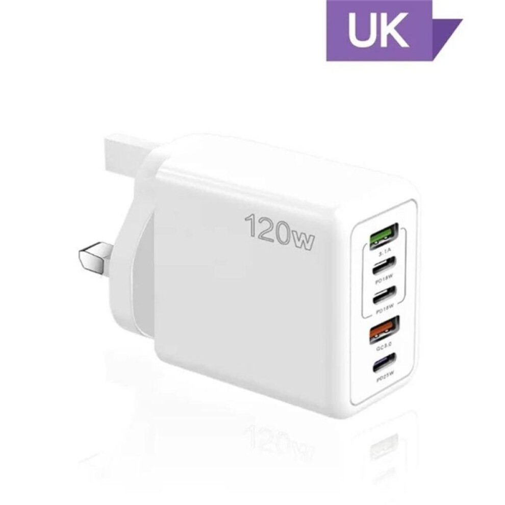 (UK Plug, White) 5 Ports USB C PD Charger Fast Charging PD Quick Charge 3.0 USB C Phone Charger Adapter For iPhone 16 15 14 13 Xiaomi Samsung