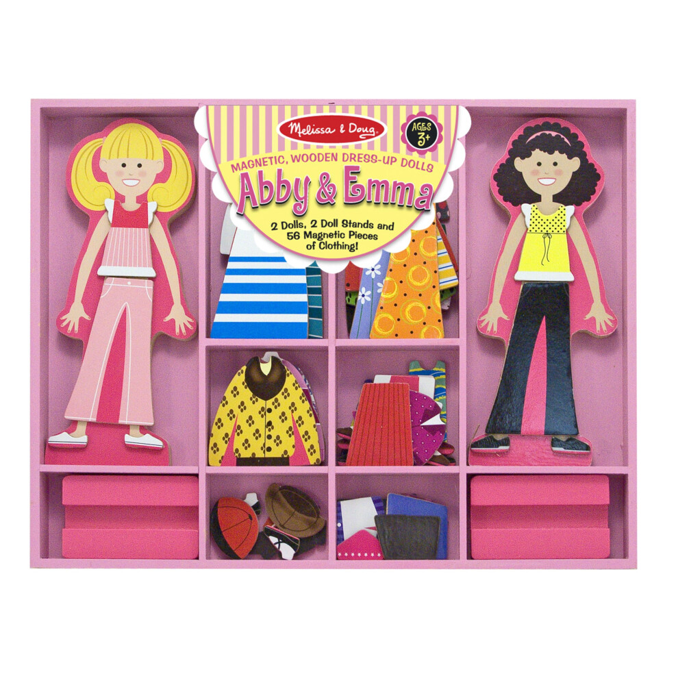 Melissa  Doug Abby and Emma Deluxe Magnetic Wooden DressUp Dolls Play Set 55 pcs