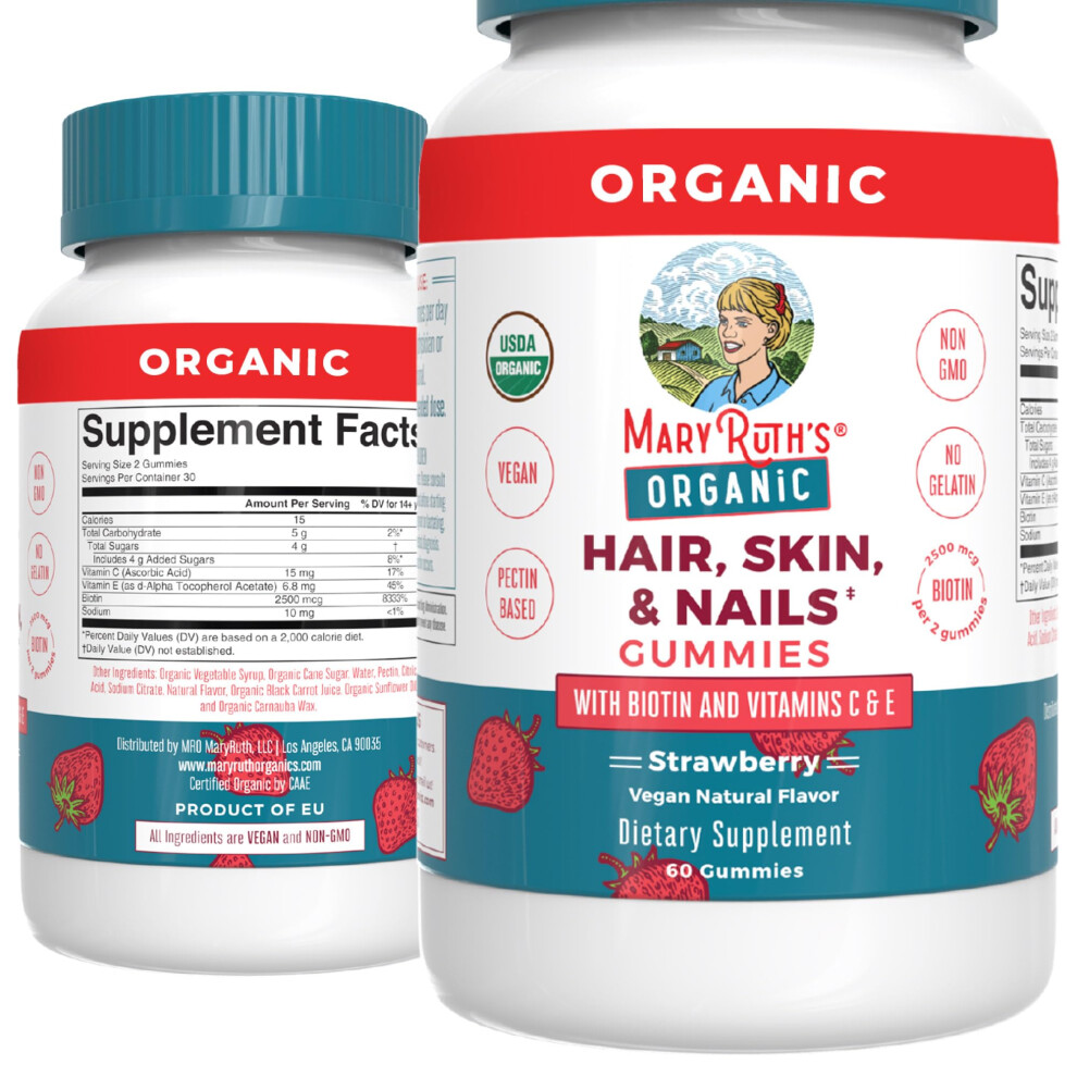 Maryruth Organics Maryruths Hair Skin And Nail Usda Organic Biotin Gummy With Vitamin C And E For Ages 14 60 Count