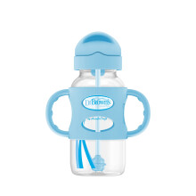 Dr. Brown's Milestones Weithals Sippy-Strohflasche mit Silikongriffen, 9 oz/270 mL, Blau, 6m+
