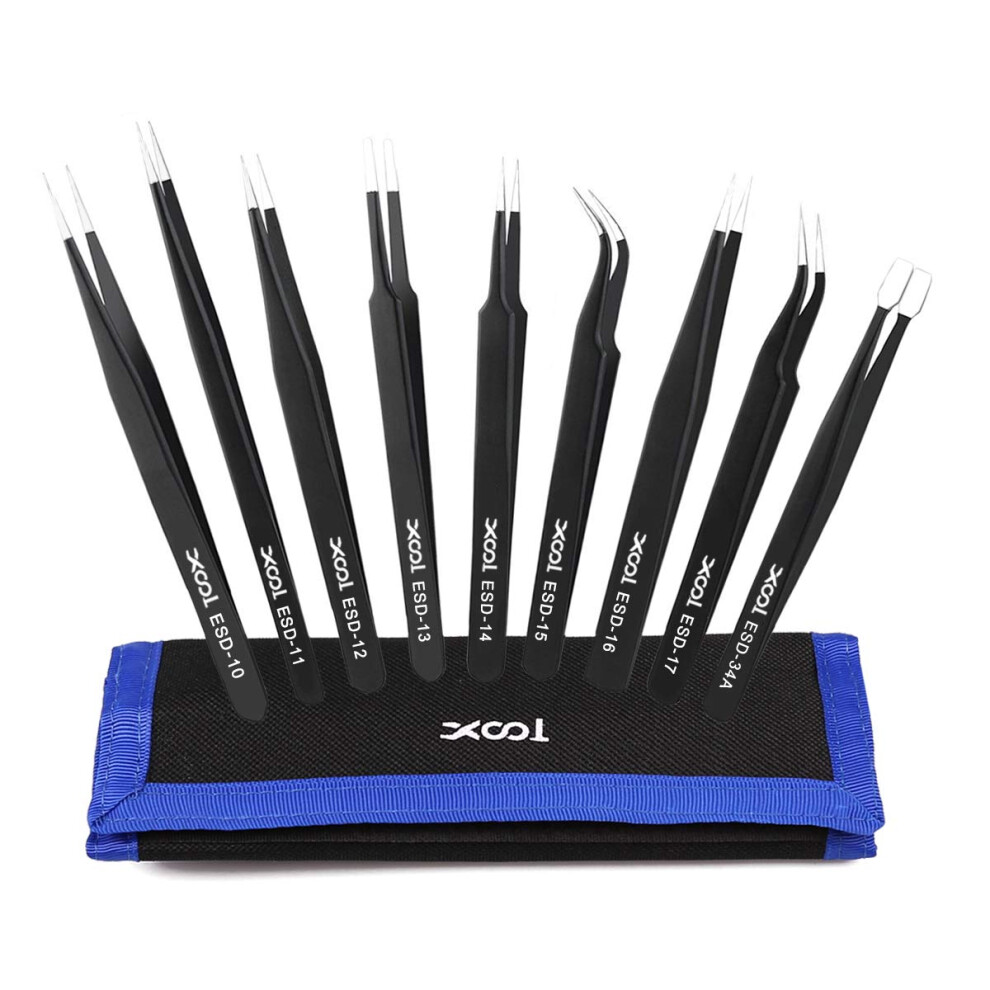 Xool Precision Tweezers Set 9 Pcs Esd Tweezers Set Antistatic Stainless Steel Tweezers Kit Nonmagnetic And Multistandard S