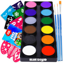 Blue Squid Face Paint Kit for Kids 12 Color Palette 303 Stencils Washable Paints Brushes Guide Safe Facepainting for Sens