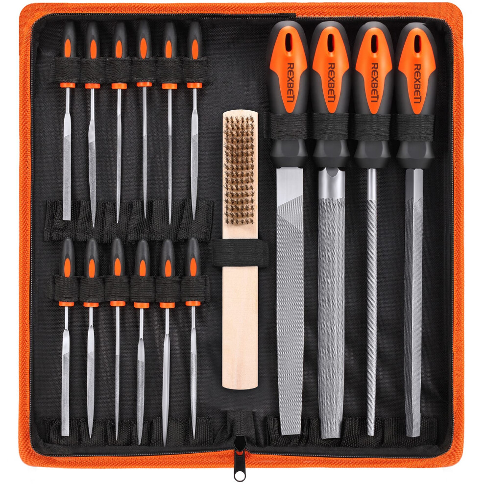 Rexbeti 17Pcs Metal File Set Premium Grade T12 Drop Forged Alloy Steel Flattrianglehalfroundround Large File And 12Pcs Nee 681381589065