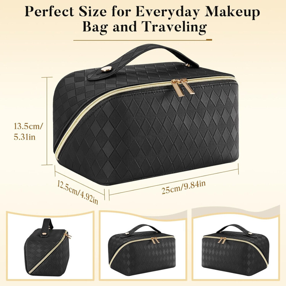 pu-wide-open-makeup-bag--make-up-bag-organiser-for-women--travel-cosmetic-bag-waterproof-with-brush-compartment-and-mirror--portable-double-layers-large-capacity-make-up-case