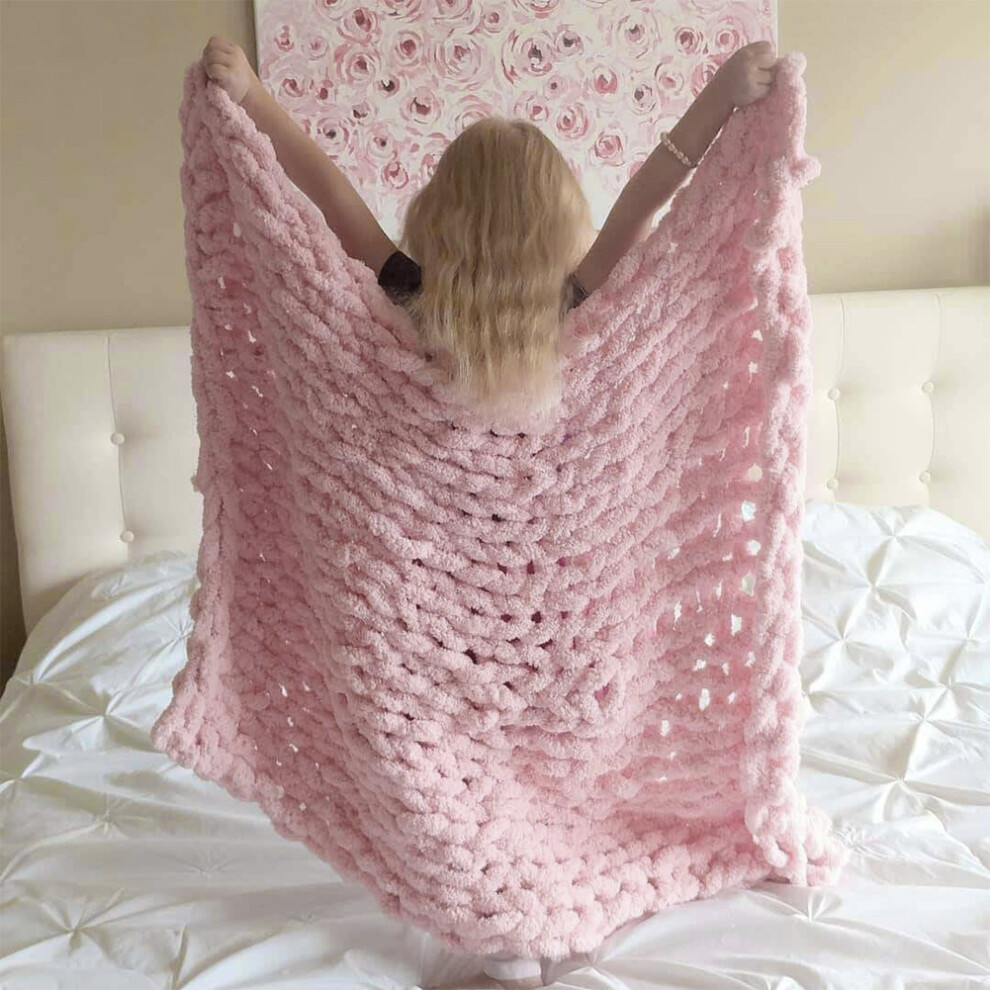 Pink Hand-Woven Chenille Blanket for Couch and Bed, 80cm L x 100cm W