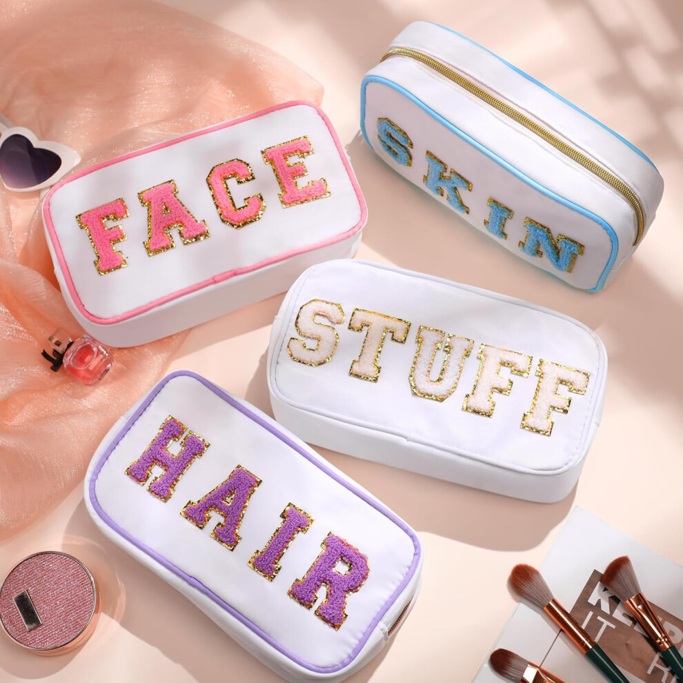 white-set--4-pcs-preppy-makeup-bag-chenille-letter-nylon-cosmetic-bag-makeup-organizer-bag-toiletry-cosmetic-case-preppy-bag-with-zipper-stuff-bag